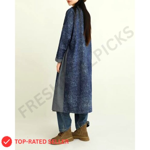 Denim Cardigan Jacket Long Sleeve Tie Waist Patchwork Design Casual Chic - Picture 5 of 7